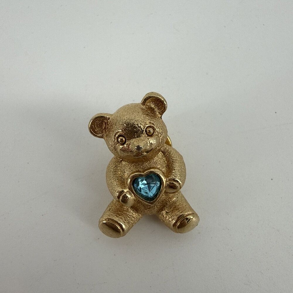 AVON Light Blue Heart Rhinestone Teddybear Bear Gold tone Pin Brooch